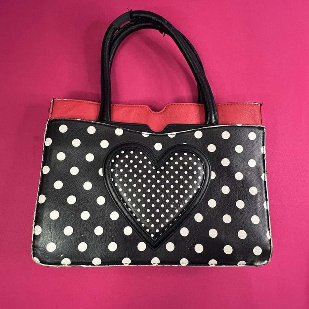 Luv Betsey Johnson Black White Polka Dot Handbag Heart Applique Red Trim Bag